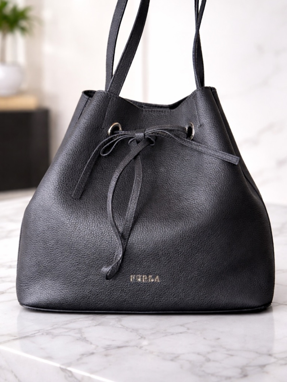Furla Costanza Black Pebbled Leather Drawstring Shoulder Bag